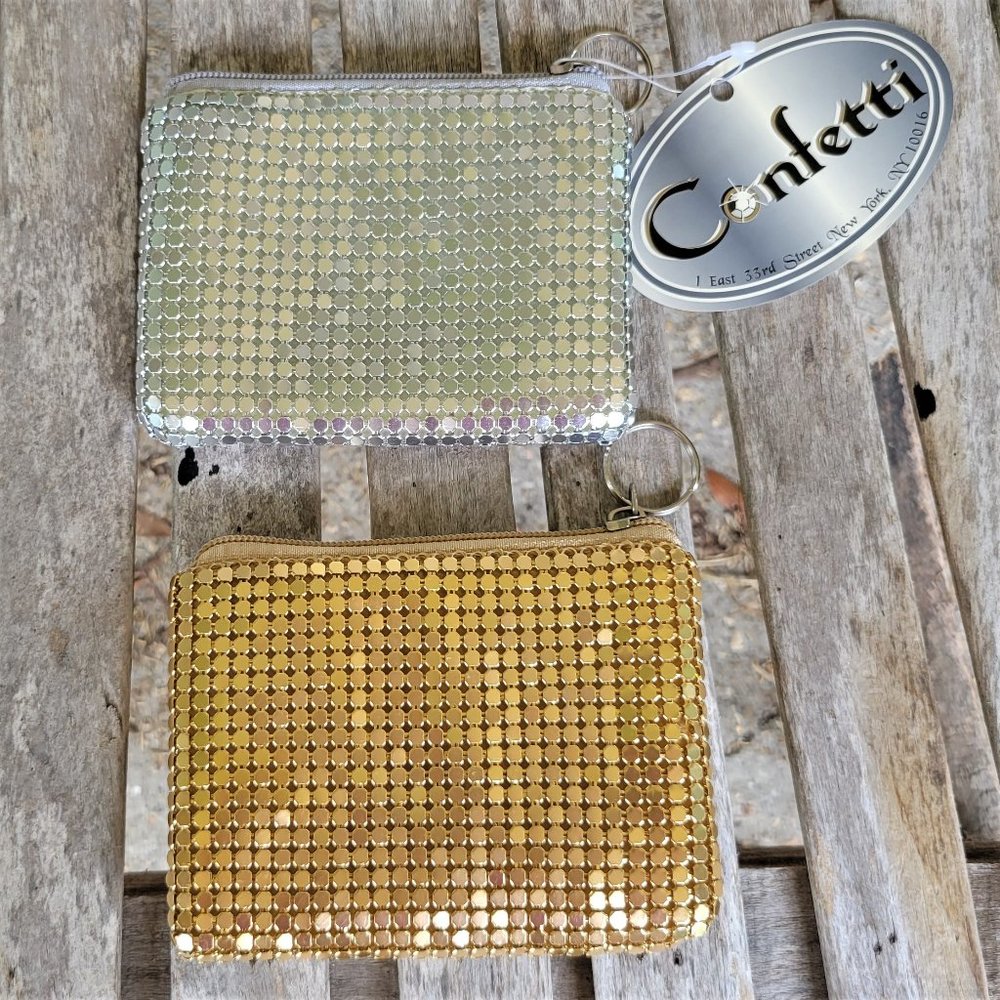 NWT 2 CONFETTI Silver Gold Aluminum Metal Chain Mail Zip Top Coin Wallet